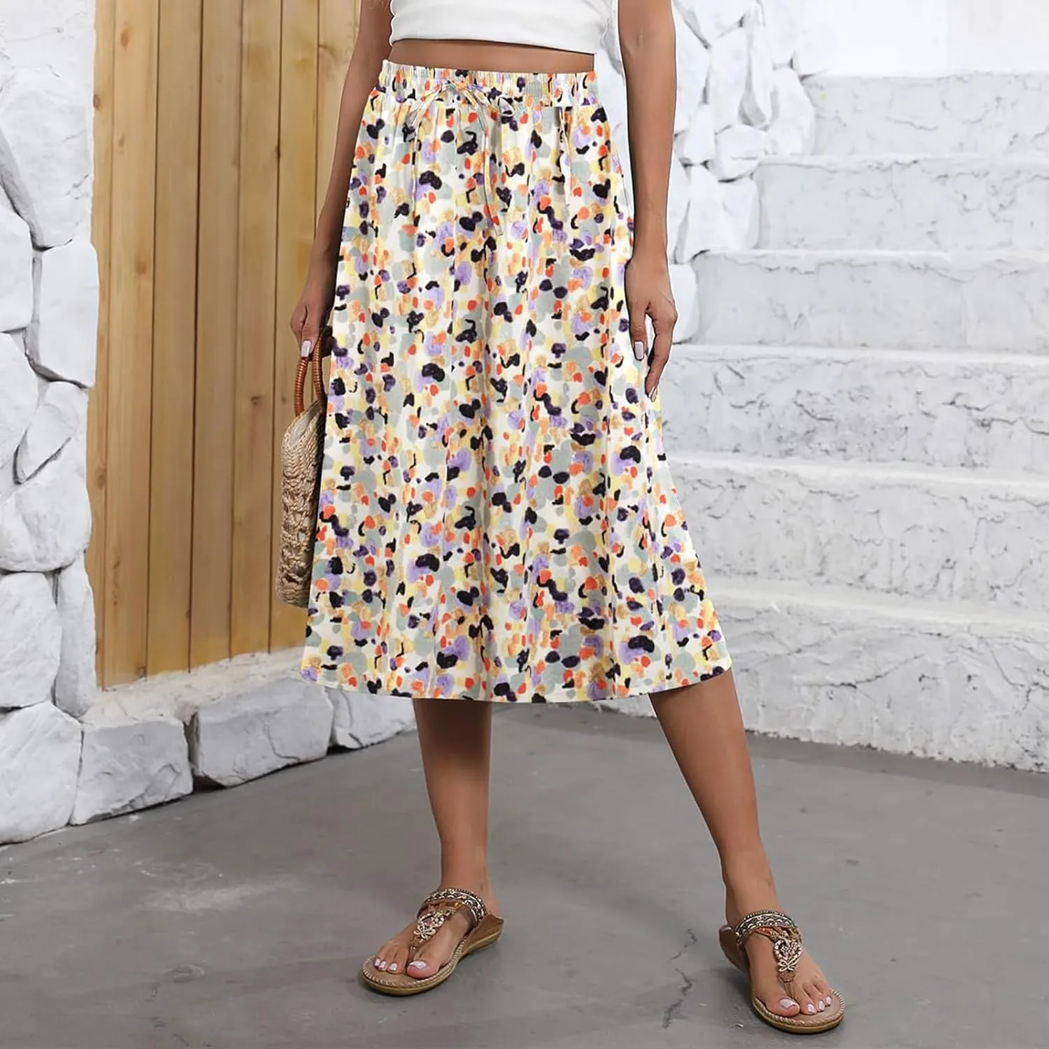 Womens Boho Skirts Summer Trendy Flowy Swing High Waisted Floral Midi Skirts Pleated Beach A-Line Skirt with Pockets