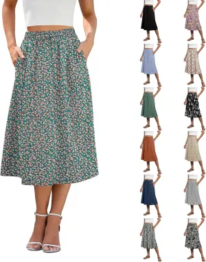 Womens Boho Skirts Summer Trendy Flowy Swing High Waisted Floral Midi Skirts Pleated Beach A-Line Skirt with Pockets