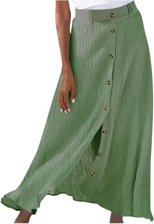 Womens Button Front Flowy Maxi Skirt High Waisted Plisse A Line Skirts 2025 Summer Casual Pleated Flared Long Skirt
