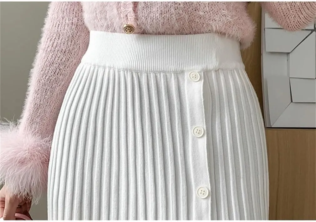 Women's Button Front Knitted Pleated Knit Skirts Elastic High Waist A Line Midi Skirt Fashion Weekend Skirts