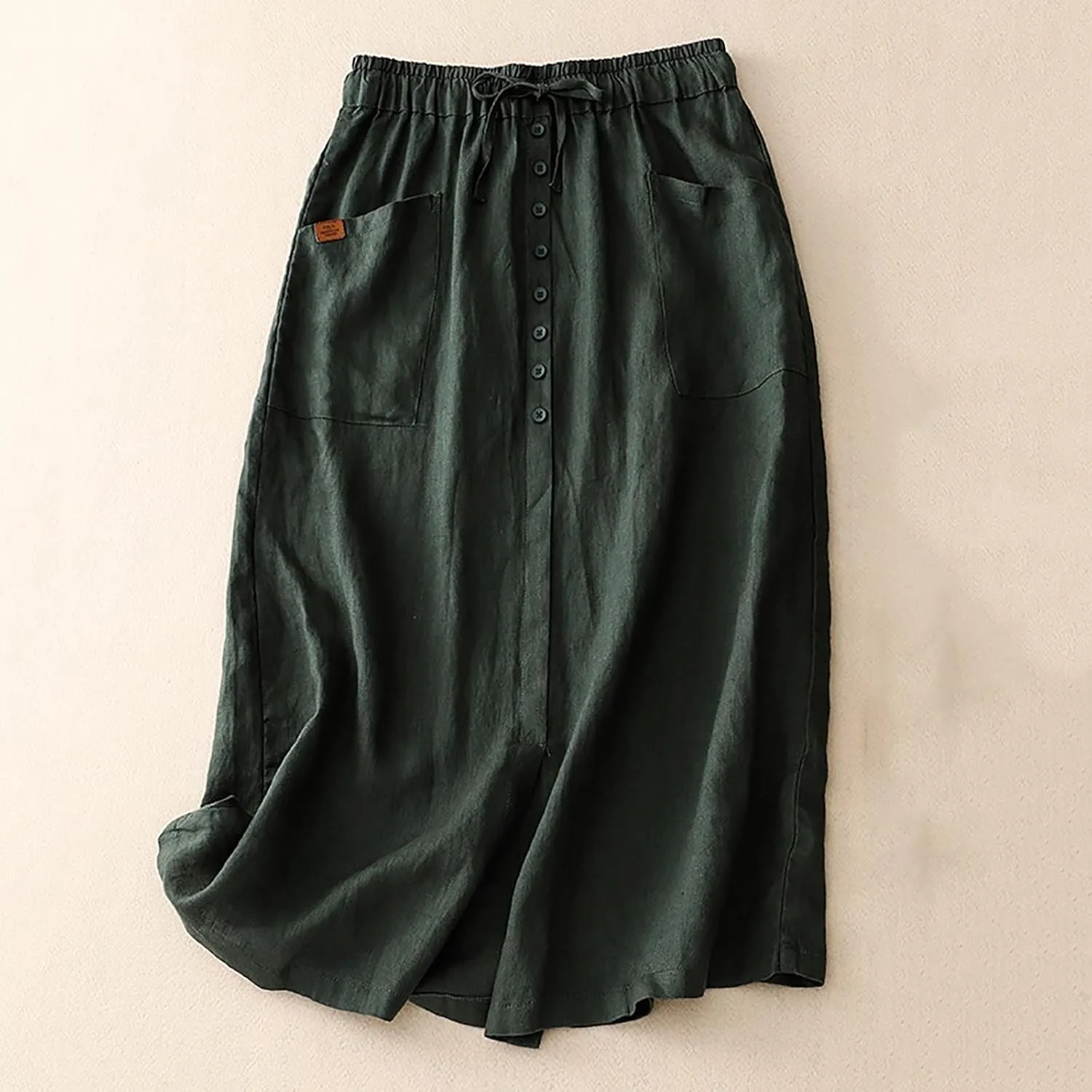 Womens Button Linen Long Maxi Skirts Vintage Plus Size Elastic High Waisted Skirt Flowy Summer Dress