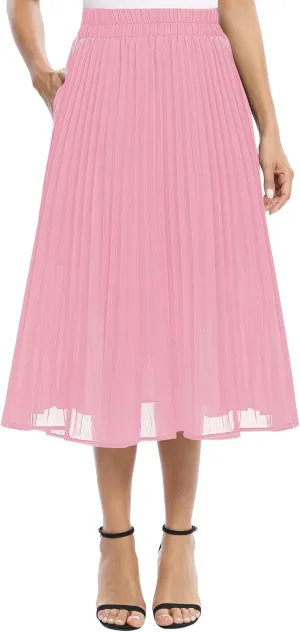 Women's Casual Chiffon Elastic Waist A-Line Pleated Midi Skirt with Pockets