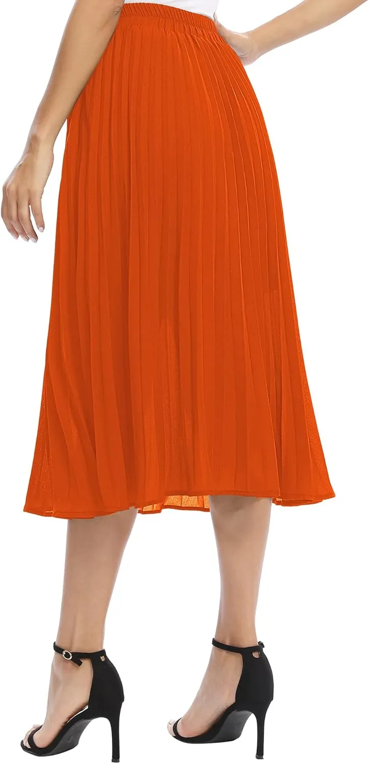 Women's Casual Chiffon Elastic Waist A-Line Pleated Midi Skirt with Pockets
