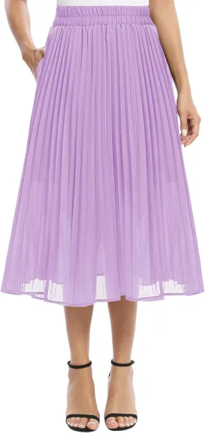 Women's Casual Chiffon Elastic Waist A-Line Pleated Midi Skirt with Pockets