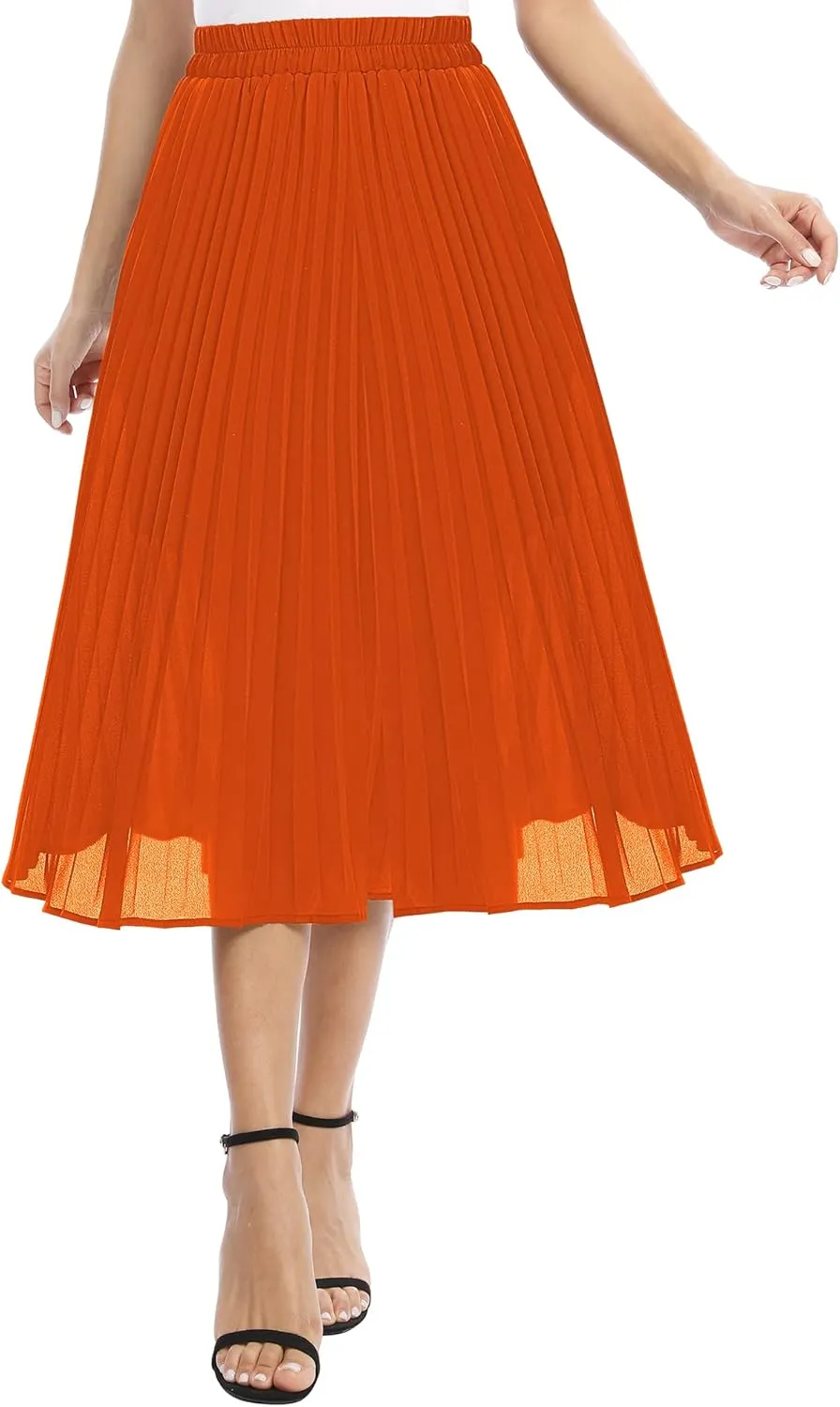 Women's Casual Chiffon Elastic Waist A-Line Pleated Midi Skirt with Pockets
