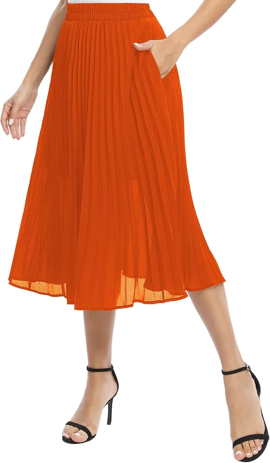 Women's Casual Chiffon Elastic Waist A-Line Pleated Midi Skirt with Pockets