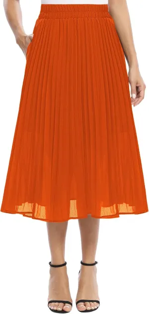 Women's Casual Chiffon Elastic Waist A-Line Pleated Midi Skirt with Pockets