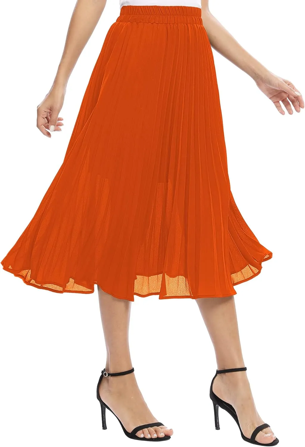 Women's Casual Chiffon Elastic Waist A-Line Pleated Midi Skirt with Pockets