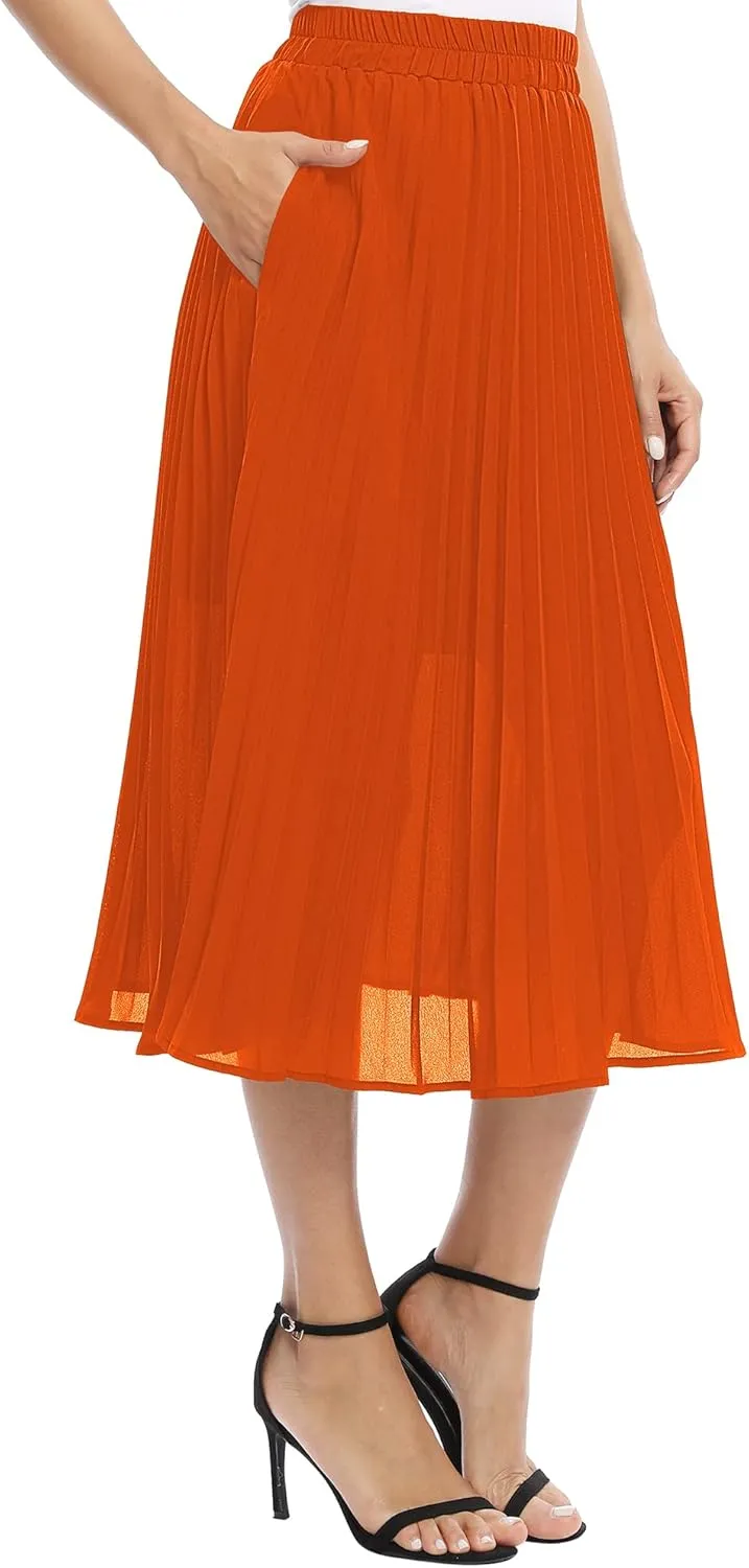 Women's Casual Chiffon Elastic Waist A-Line Pleated Midi Skirt with Pockets
