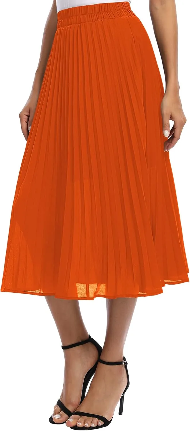 Women's Casual Chiffon Elastic Waist A-Line Pleated Midi Skirt with Pockets