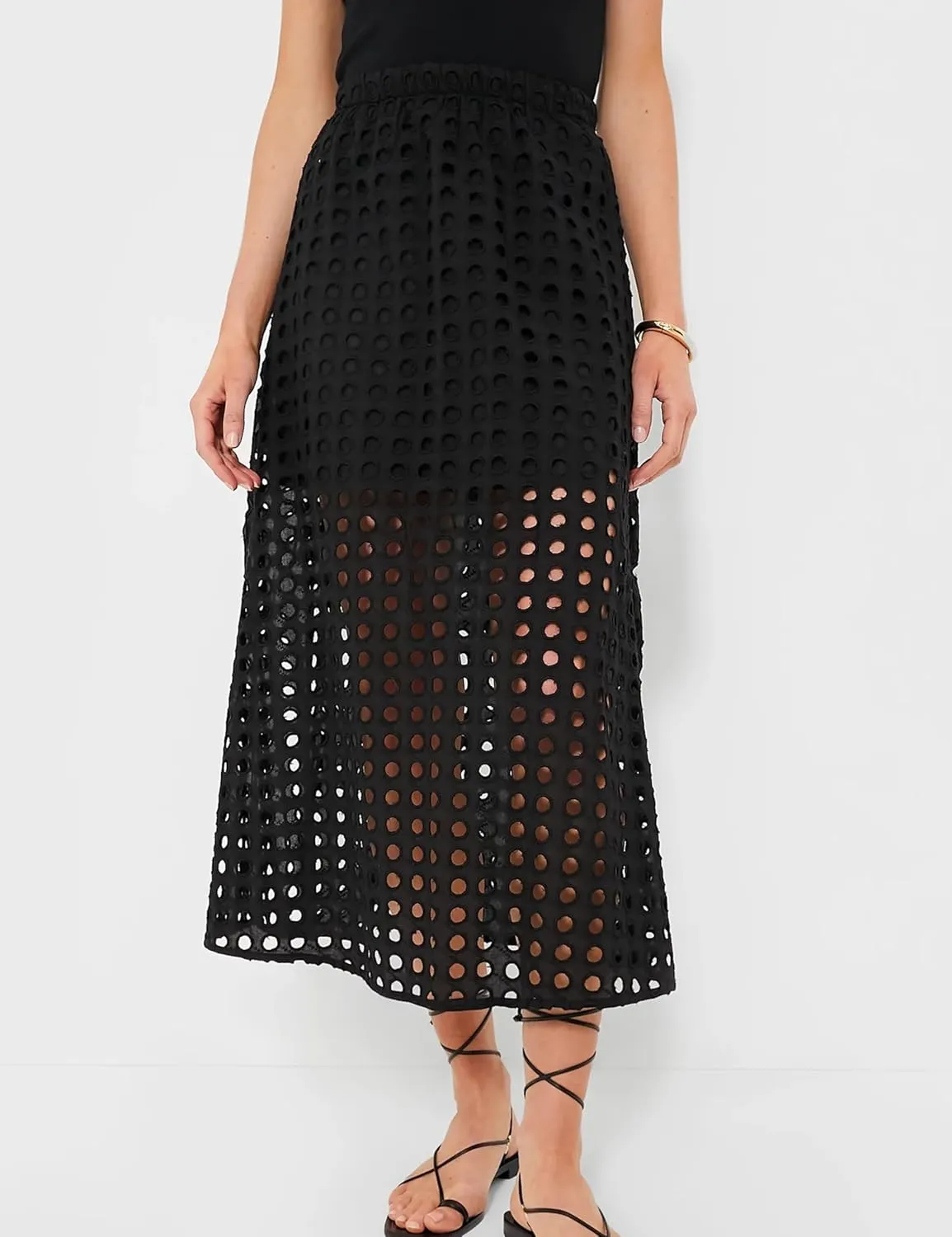 Womens Casual Cotton Long Eyelet Maxi Skirt A-line Hollow Out High Waist Summer Beach Skirt with Mini Underneath