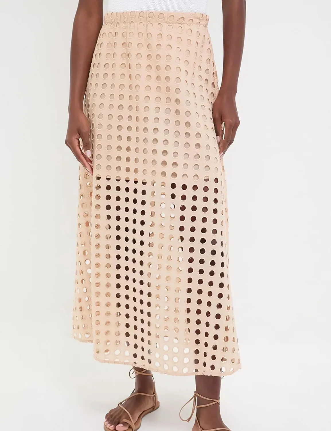 Womens Casual Cotton Long Eyelet Maxi Skirt A-line Hollow Out High Waist Summer Beach Skirt with Mini Underneath