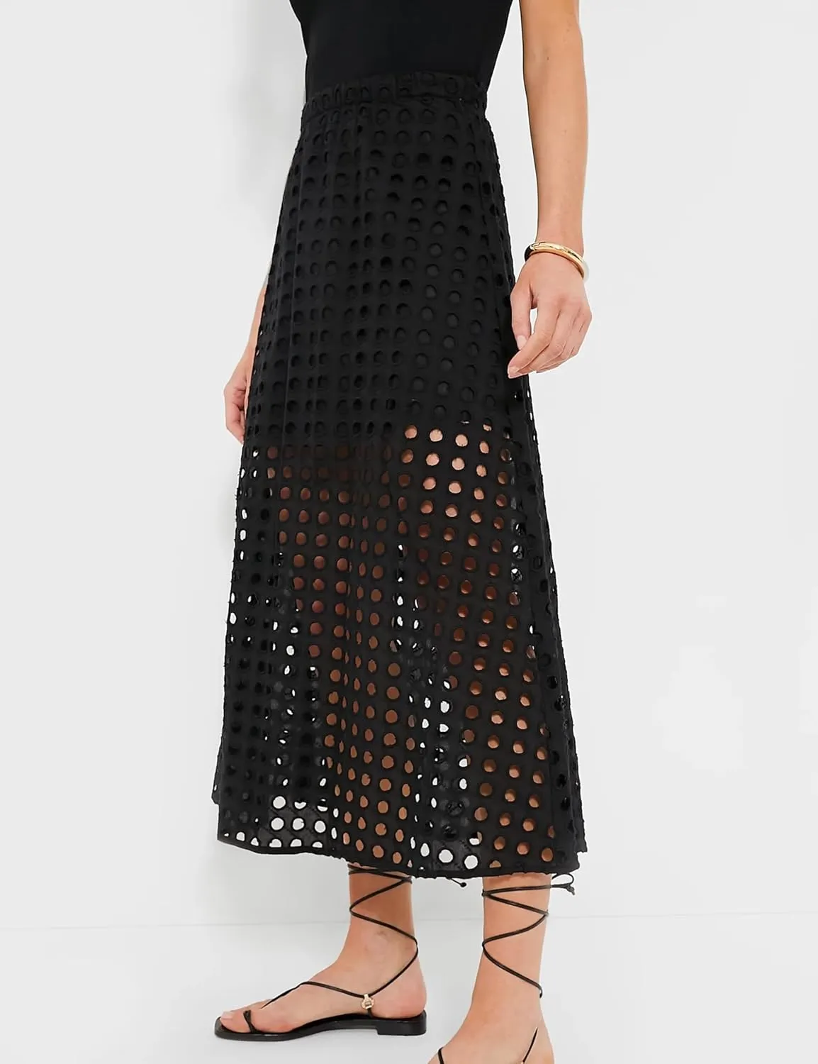 Womens Casual Cotton Long Eyelet Maxi Skirt A-line Hollow Out High Waist Summer Beach Skirt with Mini Underneath
