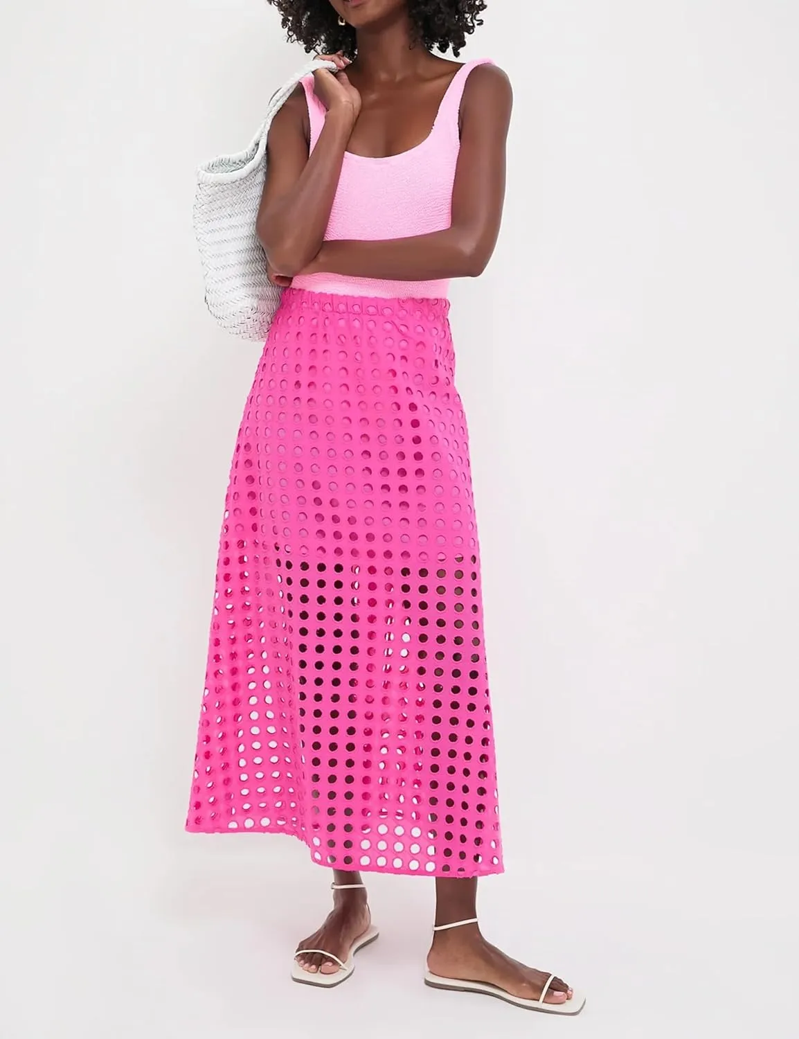 Womens Casual Cotton Long Eyelet Maxi Skirt A-line Hollow Out High Waist Summer Beach Skirt with Mini Underneath