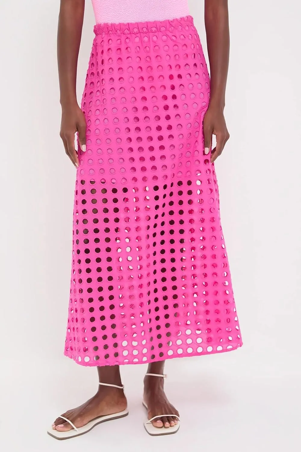 Womens Casual Cotton Long Eyelet Maxi Skirt A-line Hollow Out High Waist Summer Beach Skirt with Mini Underneath