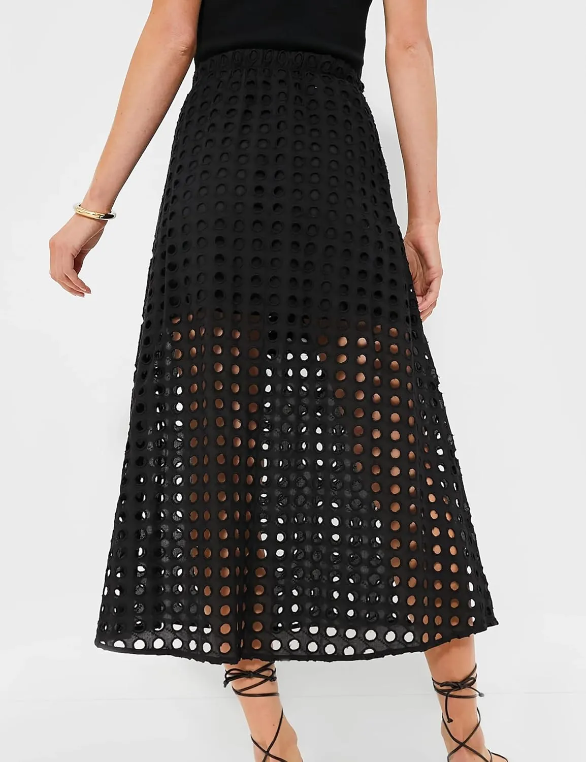 Womens Casual Cotton Long Eyelet Maxi Skirt A-line Hollow Out High Waist Summer Beach Skirt with Mini Underneath