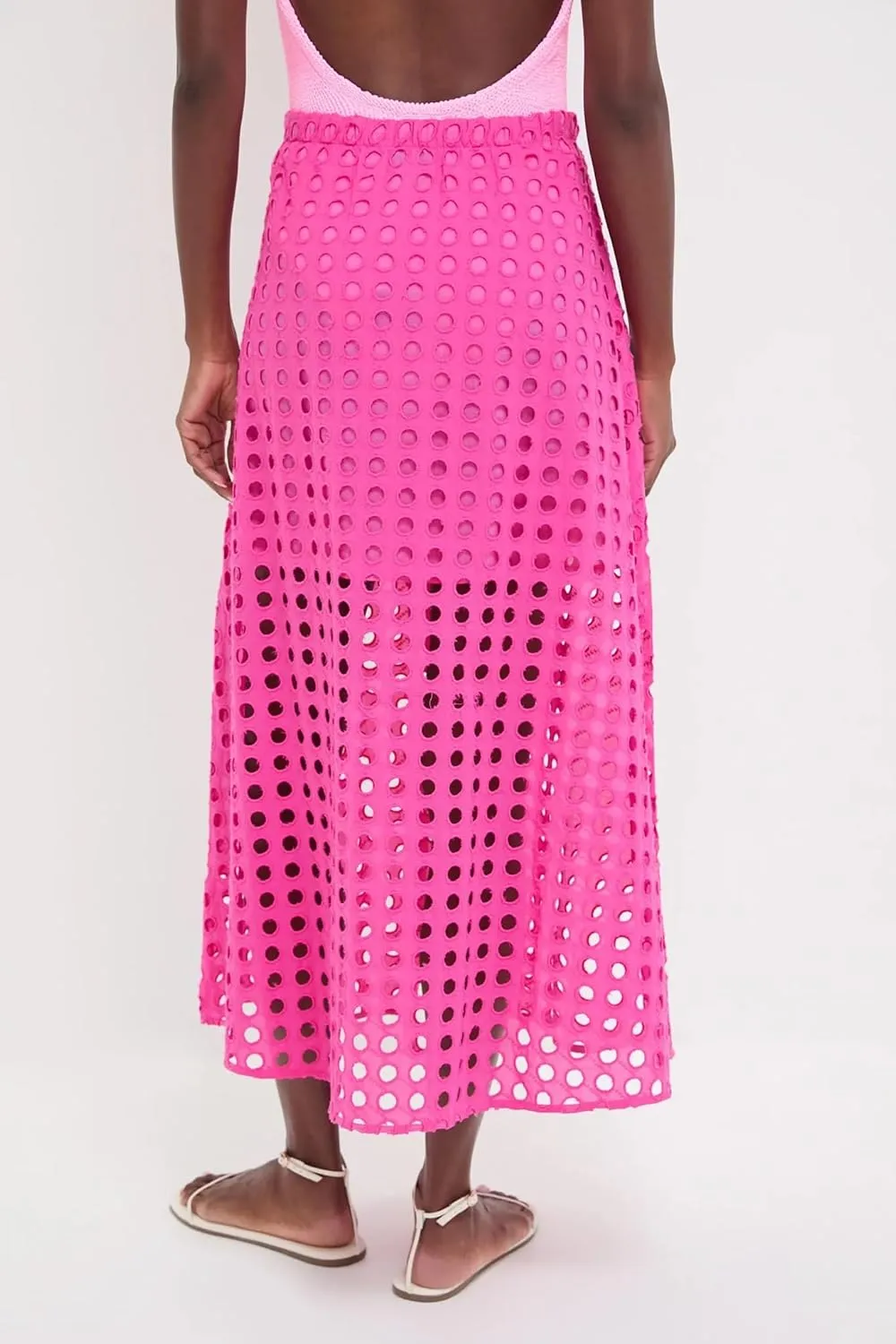 Womens Casual Cotton Long Eyelet Maxi Skirt A-line Hollow Out High Waist Summer Beach Skirt with Mini Underneath