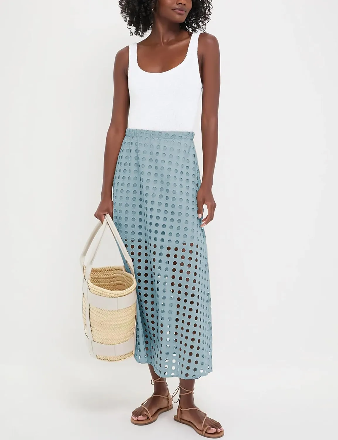 Womens Casual Cotton Long Eyelet Maxi Skirt A-line Hollow Out High Waist Summer Beach Skirt with Mini Underneath