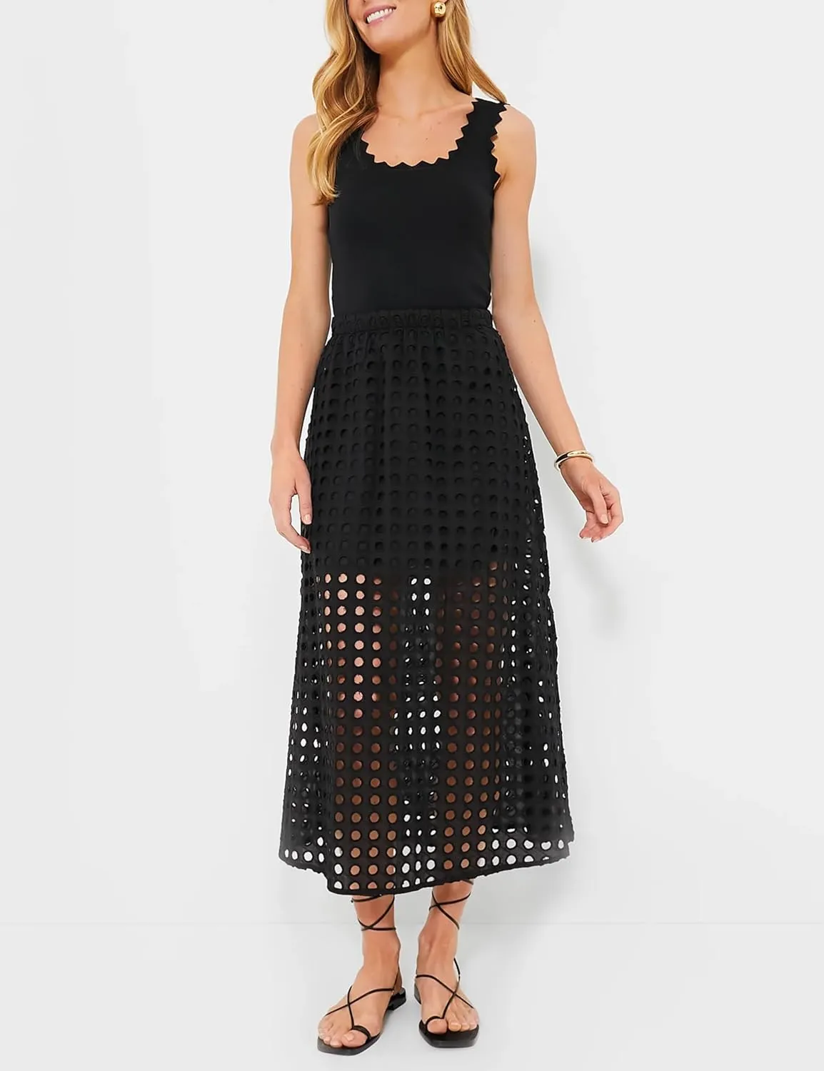 Womens Casual Cotton Long Eyelet Maxi Skirt A-line Hollow Out High Waist Summer Beach Skirt with Mini Underneath