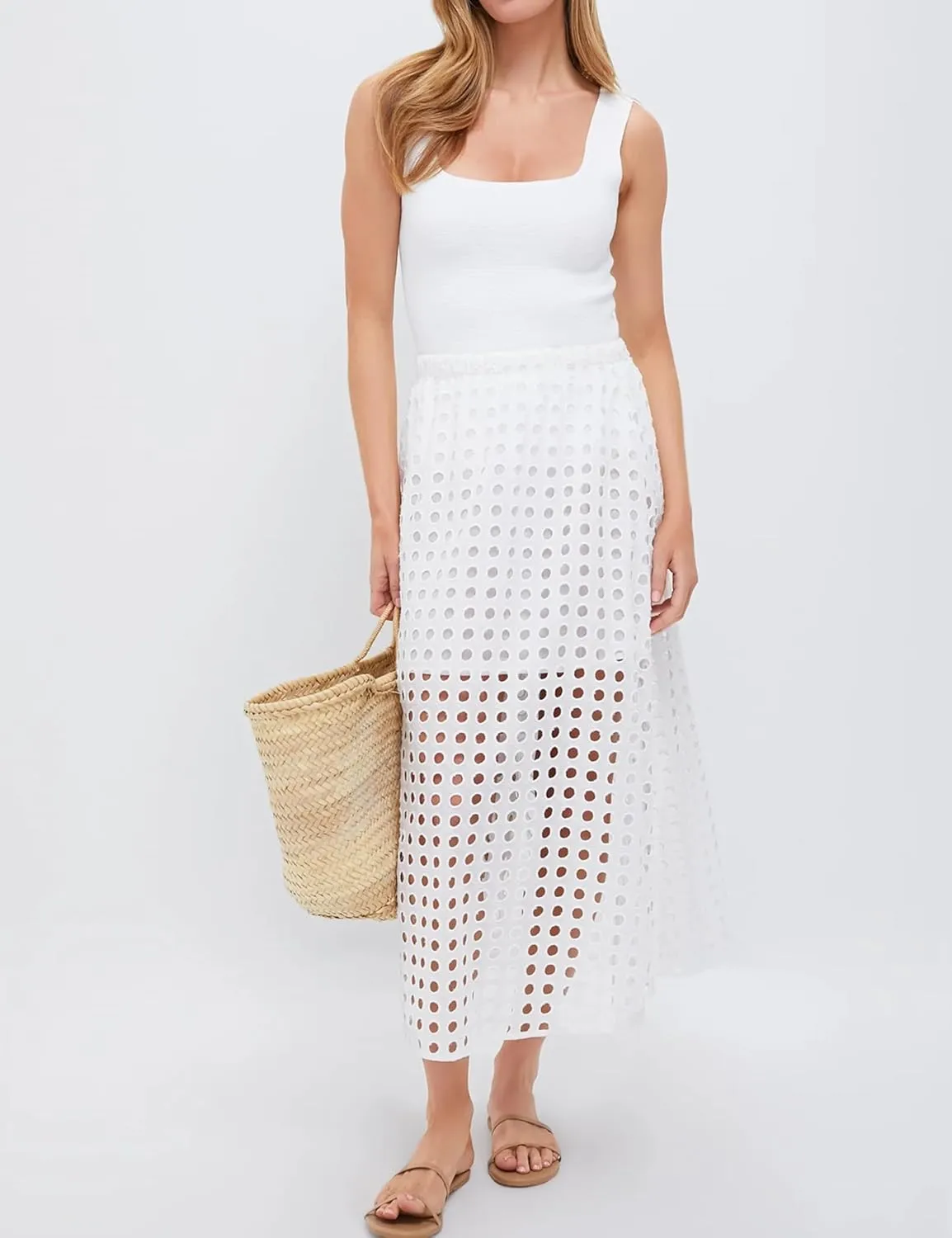 Womens Casual Cotton Long Eyelet Maxi Skirt A-line Hollow Out High Waist Summer Beach Skirt with Mini Underneath