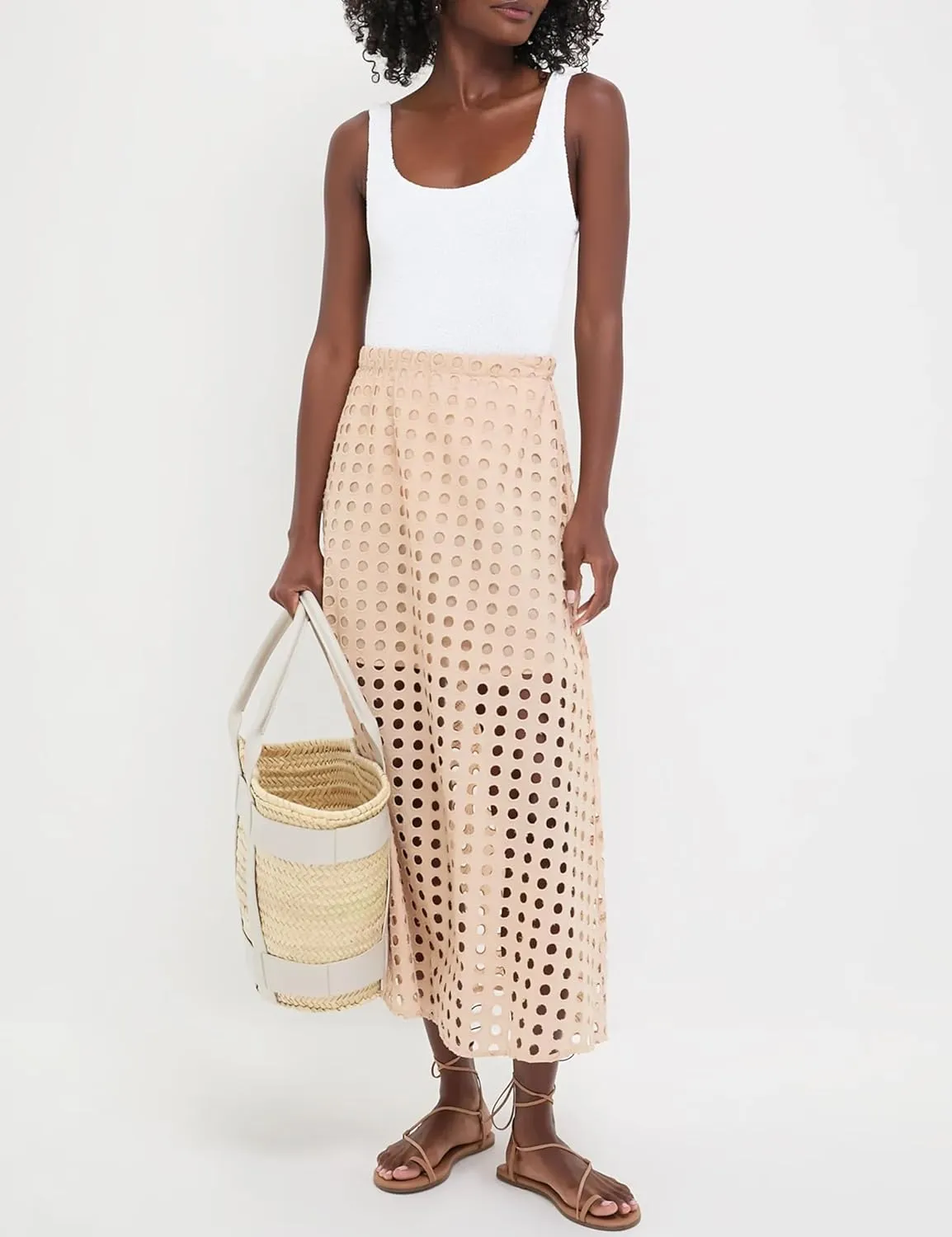 Womens Casual Cotton Long Eyelet Maxi Skirt A-line Hollow Out High Waist Summer Beach Skirt with Mini Underneath
