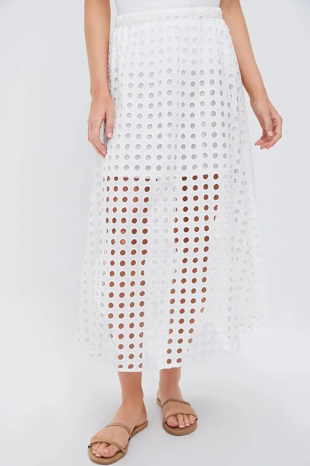 Womens Casual Cotton Long Eyelet Maxi Skirt A-line Hollow Out High Waist Summer Beach Skirt with Mini Underneath
