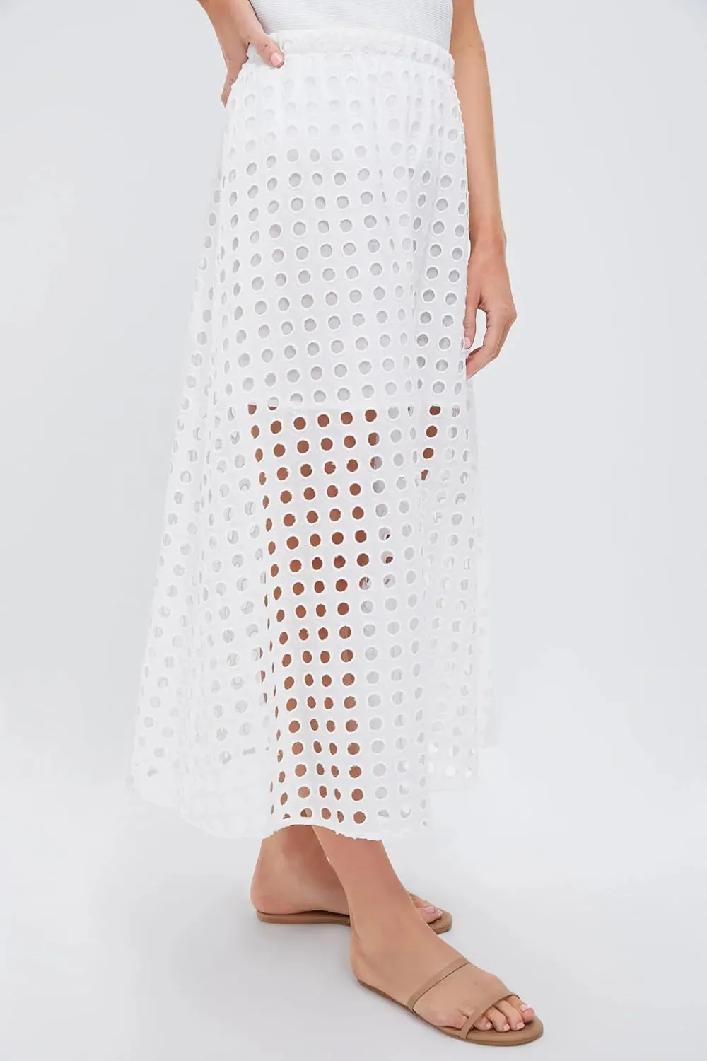 Womens Casual Cotton Long Eyelet Maxi Skirt A-line Hollow Out High Waist Summer Beach Skirt with Mini Underneath