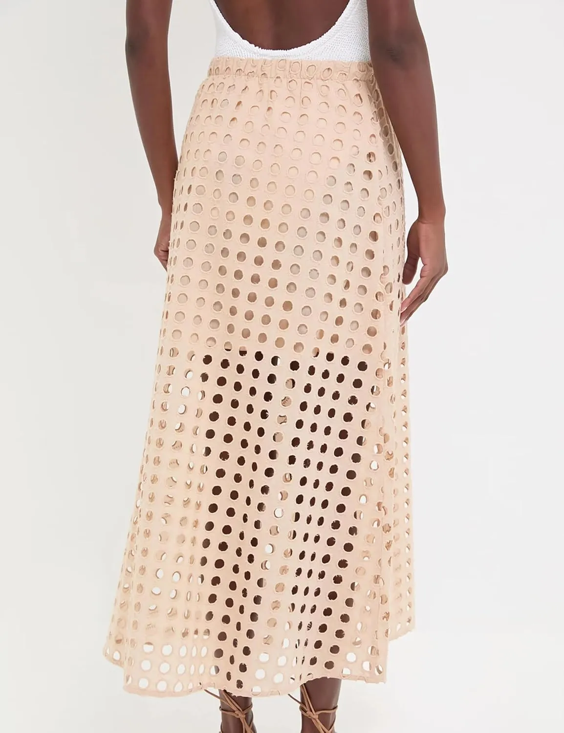 Womens Casual Cotton Long Eyelet Maxi Skirt A-line Hollow Out High Waist Summer Beach Skirt with Mini Underneath