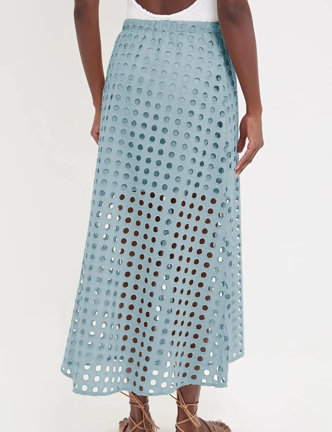 Womens Casual Cotton Long Eyelet Maxi Skirt A-line Hollow Out High Waist Summer Beach Skirt with Mini Underneath