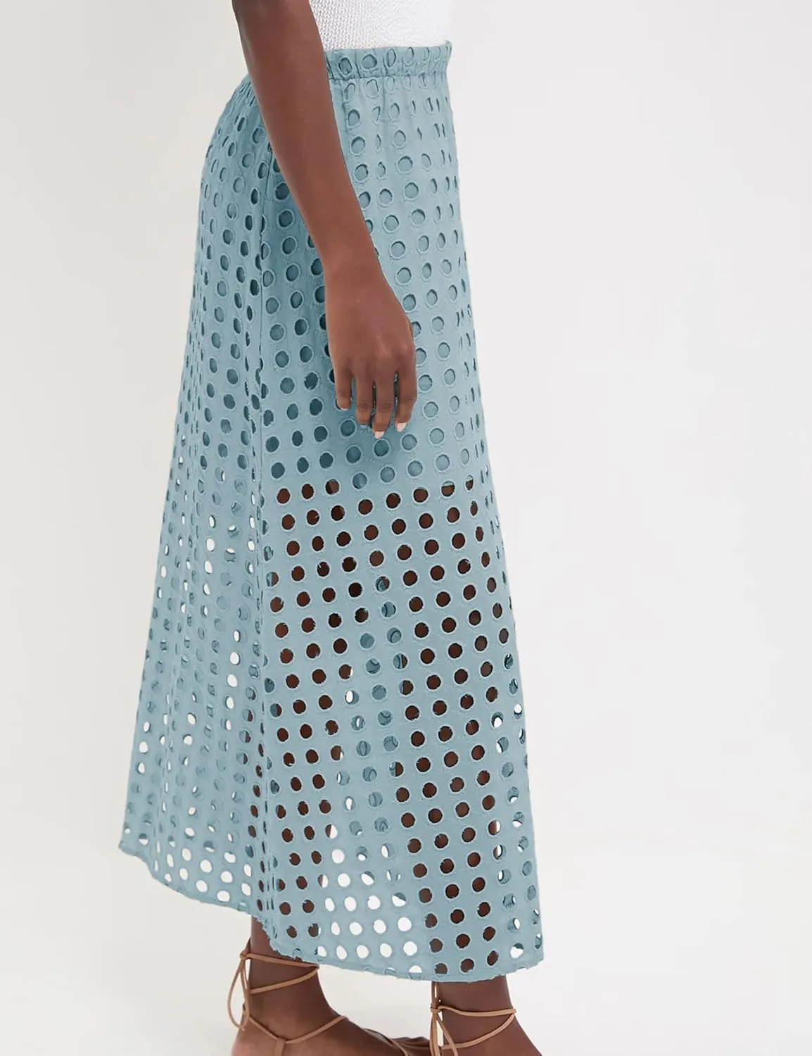 Womens Casual Cotton Long Eyelet Maxi Skirt A-line Hollow Out High Waist Summer Beach Skirt with Mini Underneath