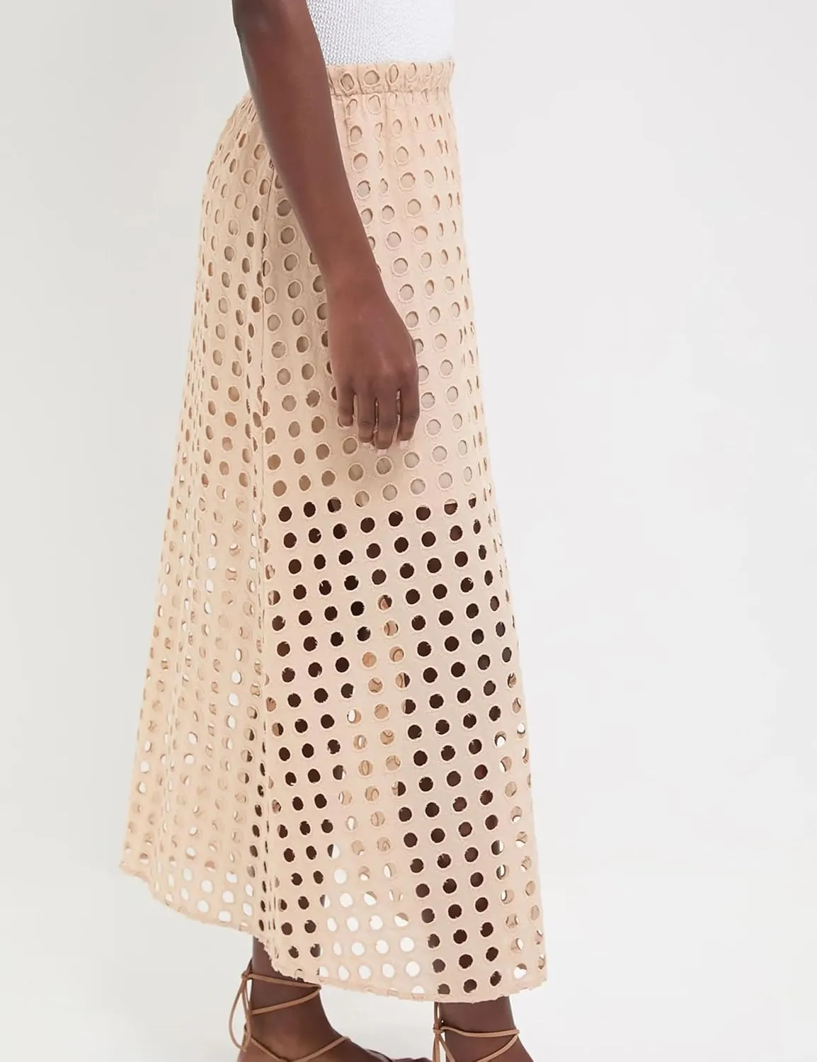 Womens Casual Cotton Long Eyelet Maxi Skirt A-line Hollow Out High Waist Summer Beach Skirt with Mini Underneath