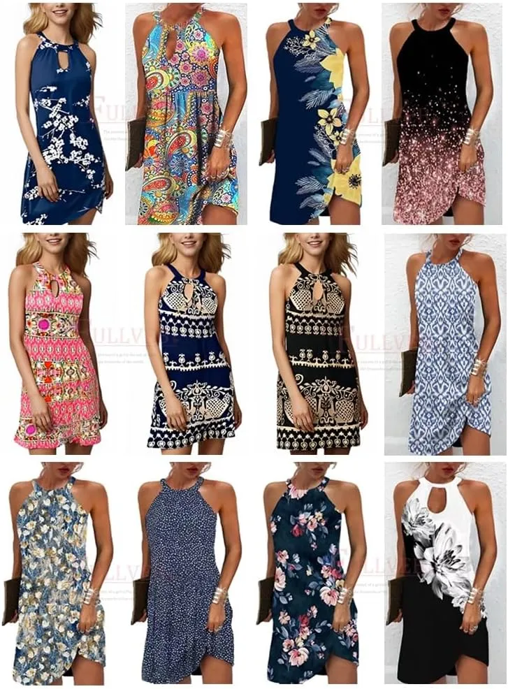Womens Casual Halter Neck Dress Sleeveless Floral Print A-line Mini Sundress Summer for Beach Party Dresses 2025