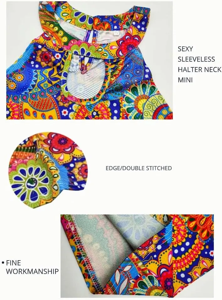 Womens Casual Halter Neck Dress Sleeveless Floral Print A-line Mini Sundress Summer for Beach Party Dresses 2025