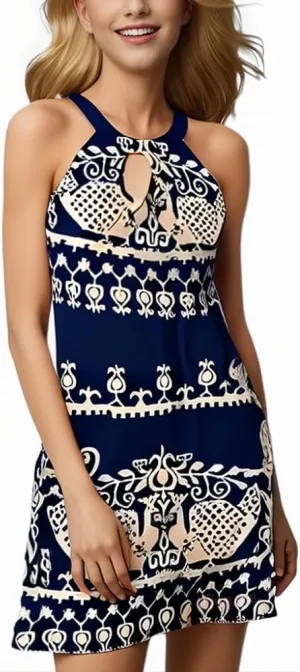 Womens Casual Halter Neck Dress Sleeveless Floral Print A-line Mini Sundress Summer for Beach Party Dresses 2025