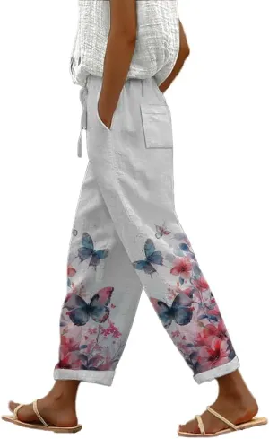 Womens Casual Pants Wide Leg Trousers Elastic Waist Large Size Graphic Trousers with Pockets