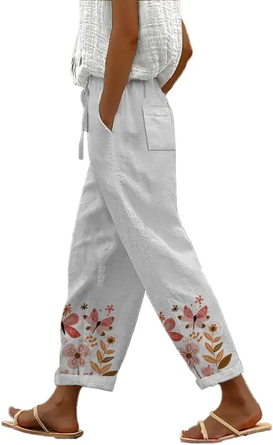 Womens Casual Pants Wide Leg Trousers Elastic Waist Large Size Graphic Trousers with Pockets