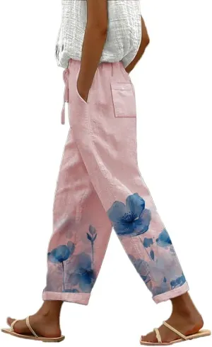 Womens Casual Pants Wide Leg Trousers Elastic Waist Large Size Graphic Trousers with Pockets