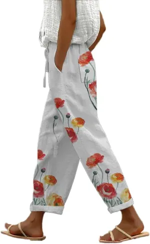 Womens Casual Pants Wide Leg Trousers Elastic Waist Large Size Graphic Trousers with Pockets