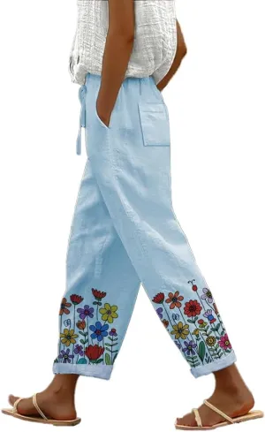 Womens Casual Pants Wide Leg Trousers Elastic Waist Large Size Graphic Trousers with Pockets
