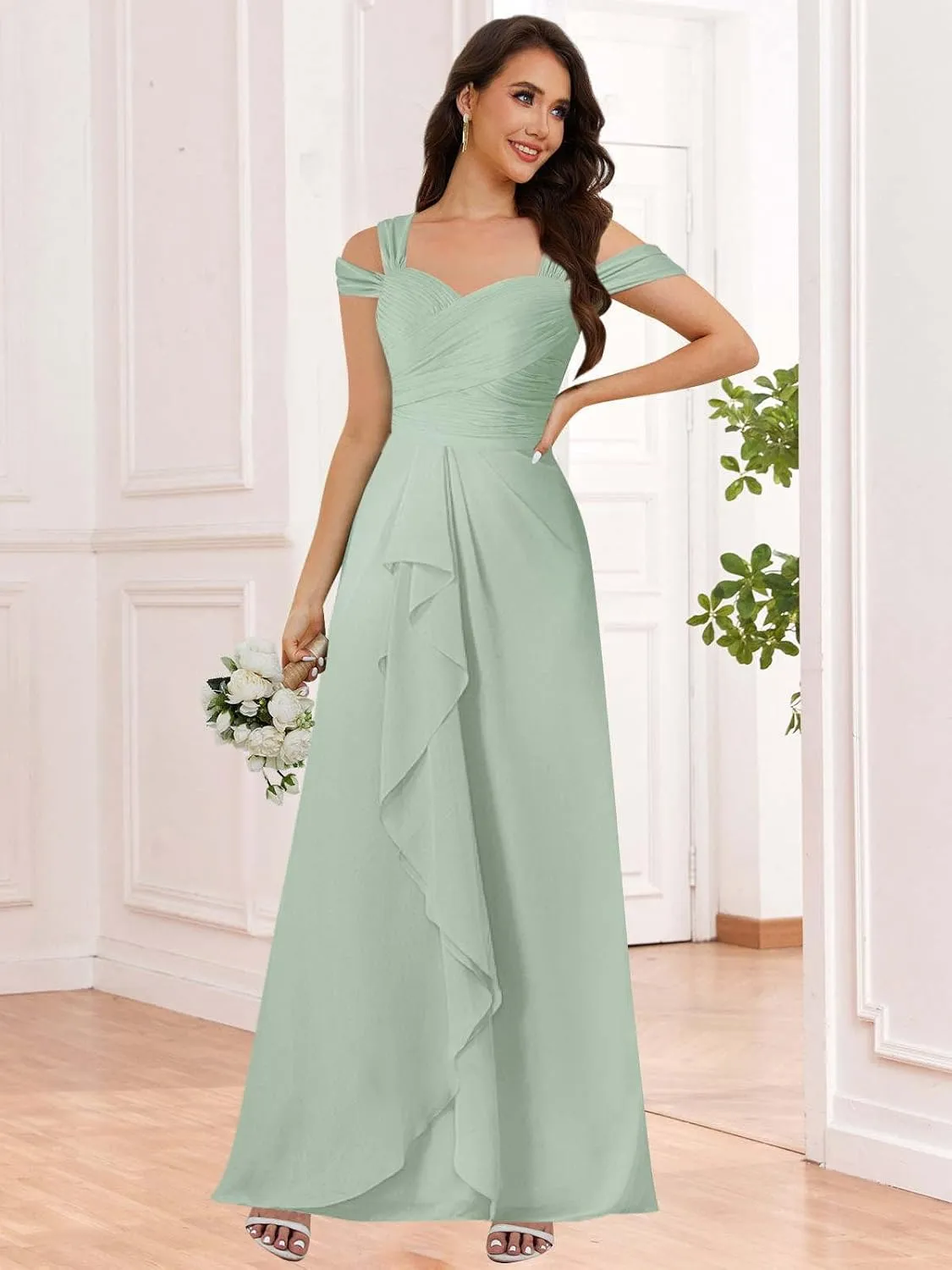 Women's Cold Shoulder Bridesmaid Dresses Pleated Chiffon Formal Evening Gown