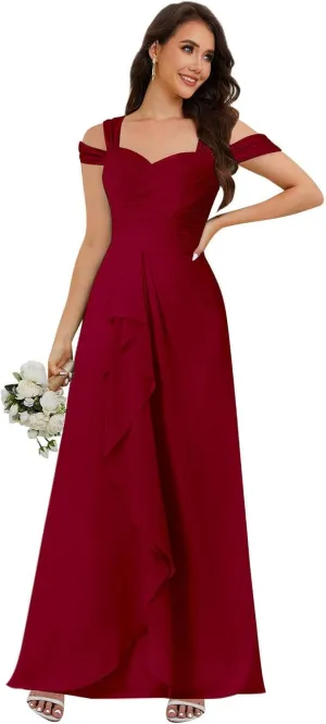 Women's Cold Shoulder Bridesmaid Dresses Pleated Chiffon Formal Evening Gown