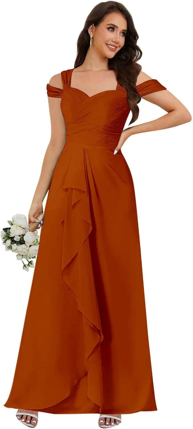 Women's Cold Shoulder Bridesmaid Dresses Pleated Chiffon Formal Evening Gown