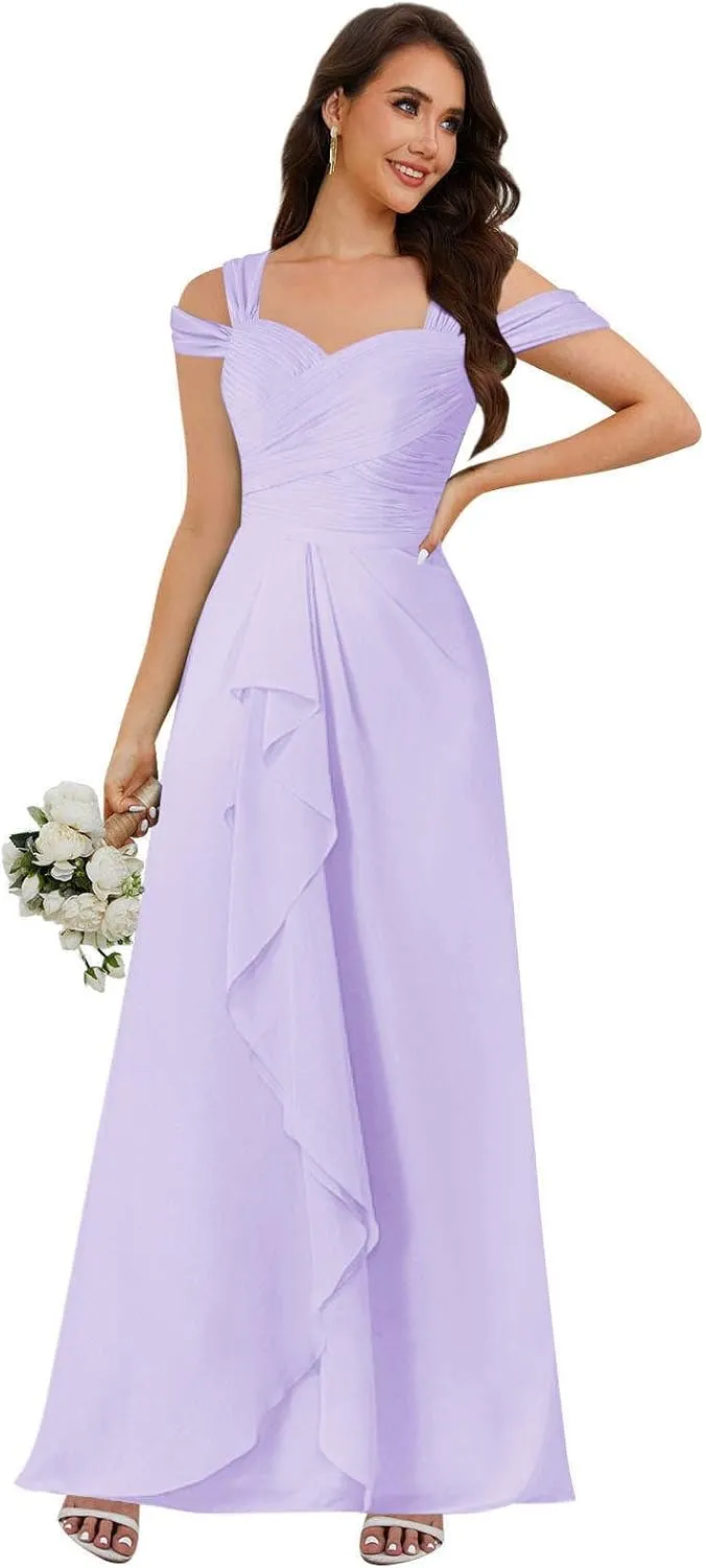 Women's Cold Shoulder Bridesmaid Dresses Pleated Chiffon Formal Evening Gown