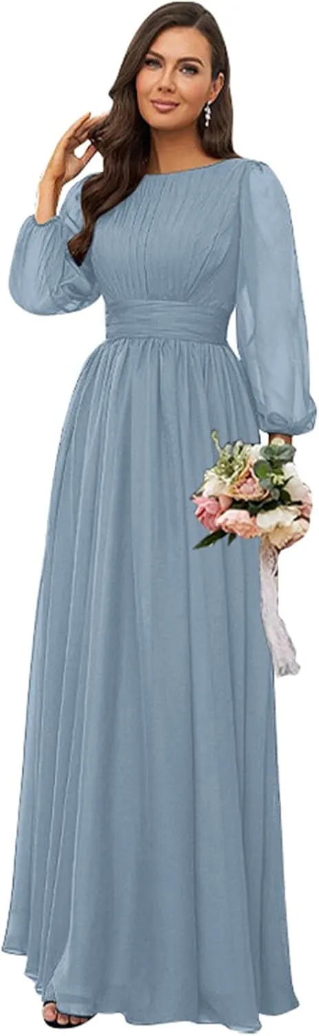 Women's Crew Neck Bridesmaid Dresses Long Sleeves Chiffon Pleated Formal Party Gown