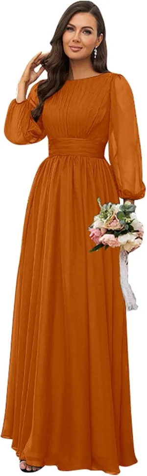 Women's Crew Neck Bridesmaid Dresses Long Sleeves Chiffon Pleated Formal Party Gown