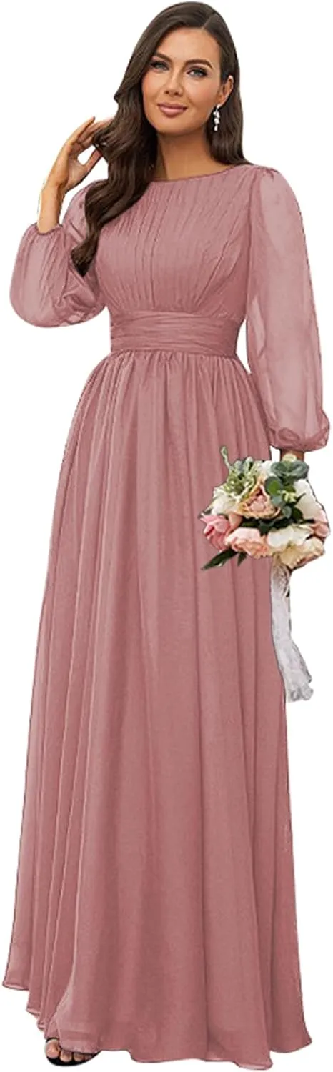 Women's Crew Neck Bridesmaid Dresses Long Sleeves Chiffon Pleated Formal Party Gown