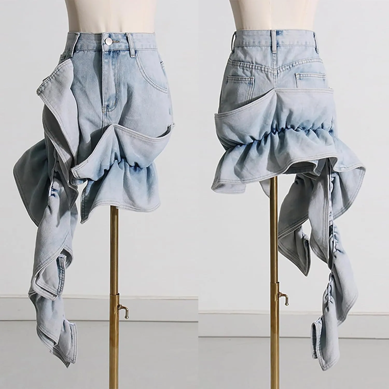 Women's Denim Skirt Y2k High Waisted Asymmetrical Ruffle Skirts Casual Jean Mini Skirt