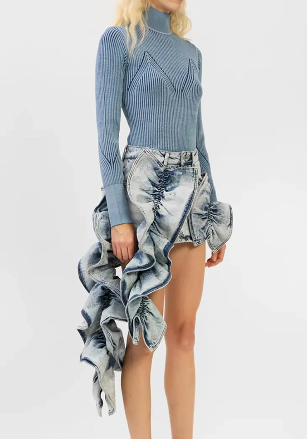 Women's Denim Skirt Y2k High Waisted Asymmetrical Ruffle Skirts Casual Jean Mini Skirt