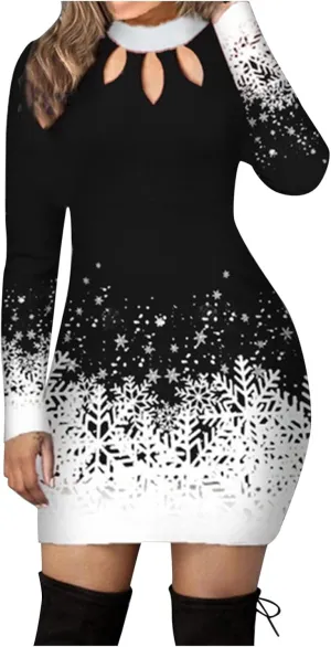 Women's Dresses Christmas Print Long Sleeve Turtleneck Knitted Dress Casual Elegant Sexy Slim Fit Bodycon Jumper Dress