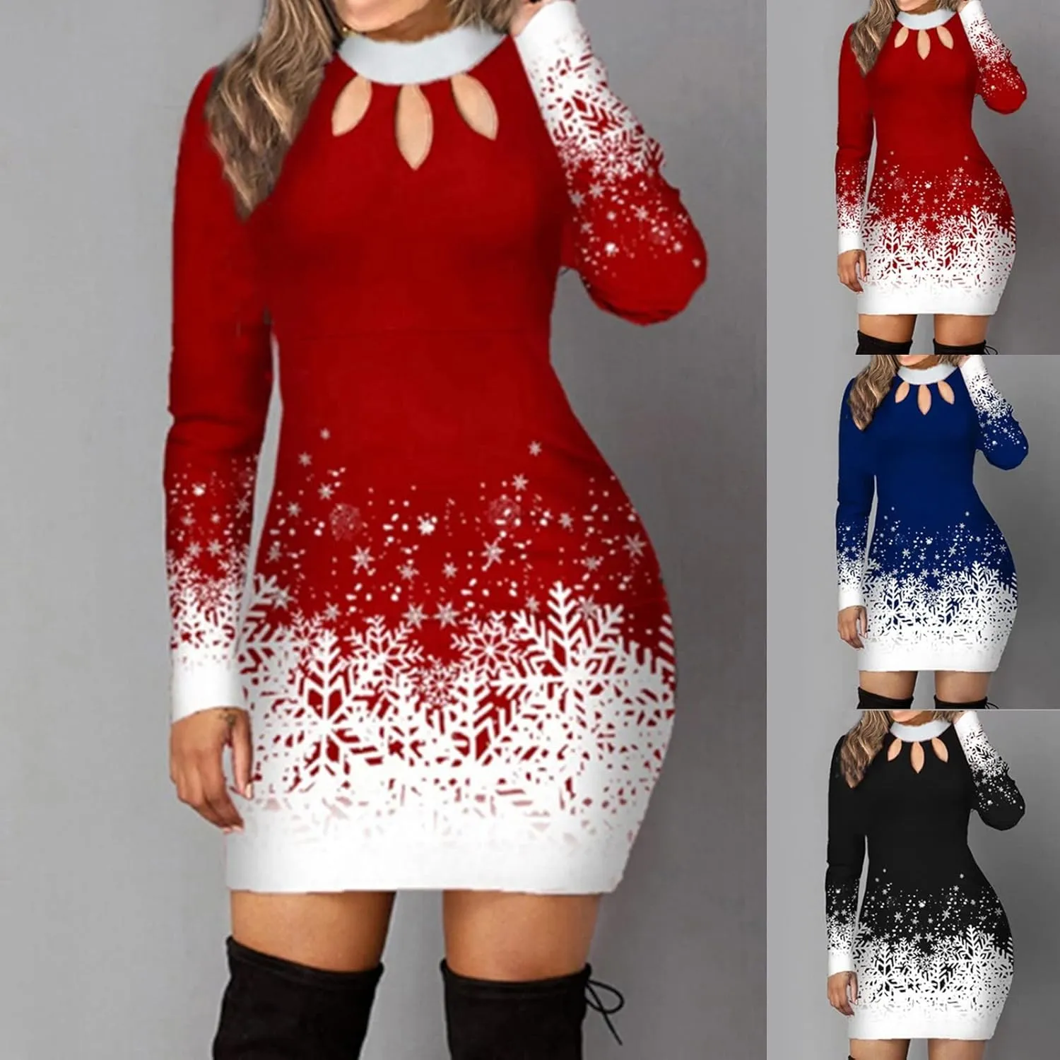 Women's Dresses Christmas Print Long Sleeve Turtleneck Knitted Dress Casual Elegant Sexy Slim Fit Bodycon Jumper Dress